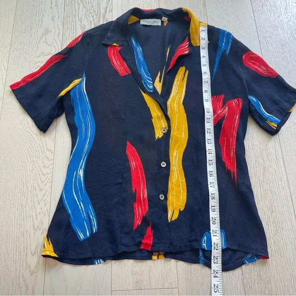 Vintage 1970s Christian Dior Paint brush strokes semi sheer button up blouse top - Picture 14 of 15